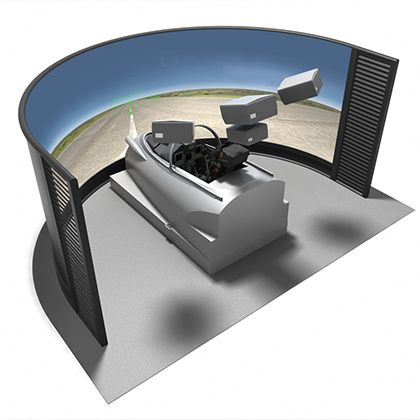 Design render of an enclosed home simulator with curved projection screen
