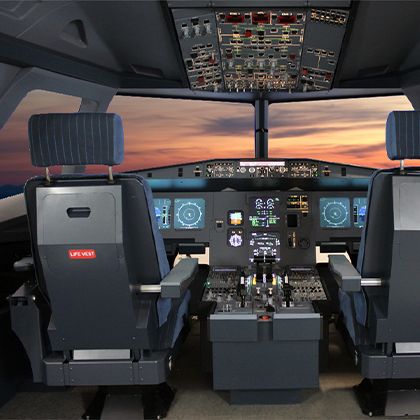 Full Airbus A-320 fixed base flight training device with wraparound visual system