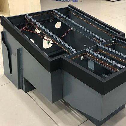 Simulator shell frame with integrated LED lighting and cable management