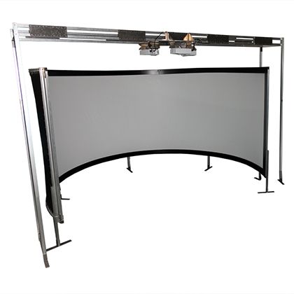 Curved projection screen frame with two overhead projectors