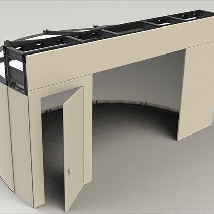 Design render of a simulator enclosure with curved screen and access door